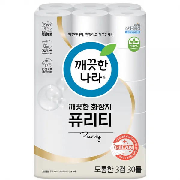 깨끗한나라 깨끗한 화장지 퓨리티 30m, 30롤, 1팩