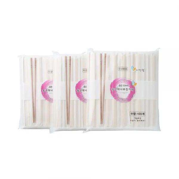 리빙웰 종이포장 굵은 둥근대나무 젓가락 5.5mm, 3개, 100개입