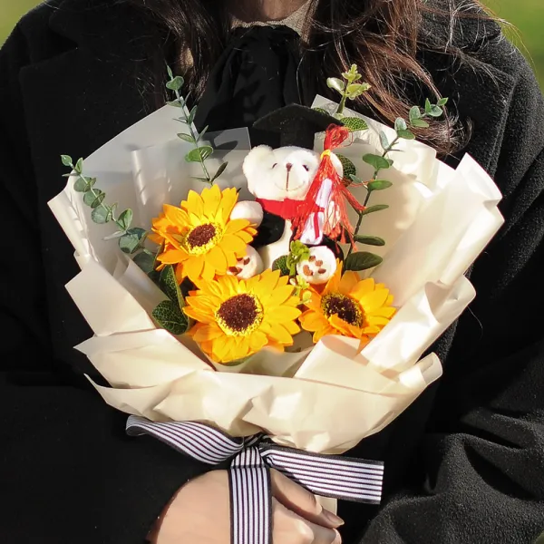 RYMD 조화 해바라기 학사모 인형 졸업식 꽃다발, 혼합 색상