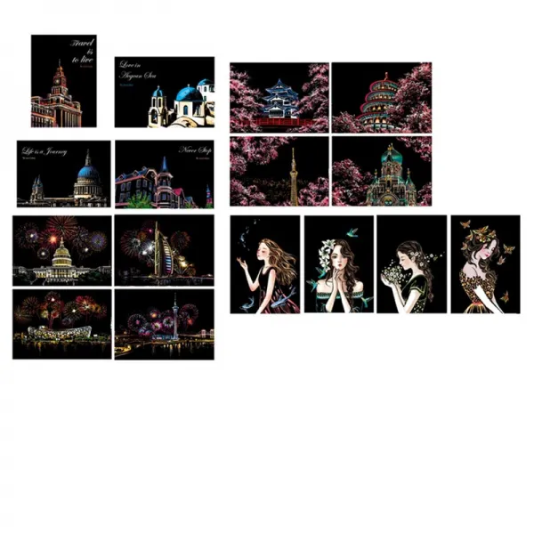 빅드림 A4 디자인 컬러 스크래치 카드 컬러링북 DIY 16종 + 도구 키트 세트, 혼합색상
