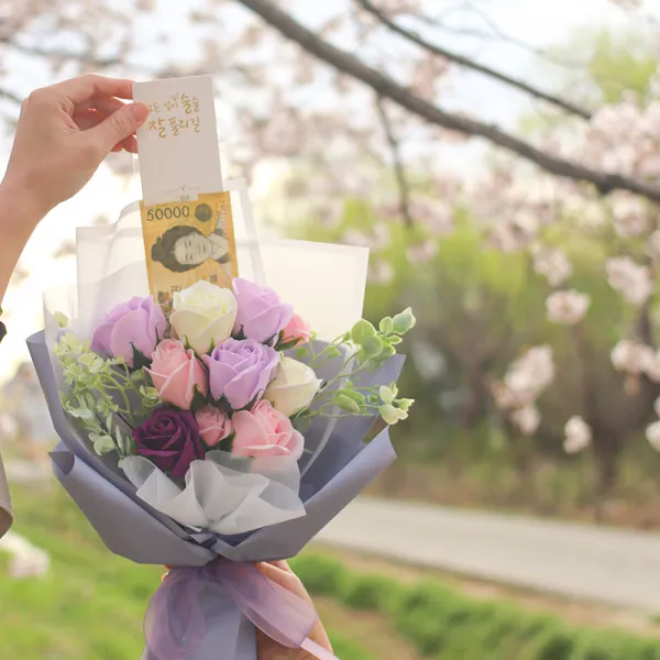 이플린 어버이날 장미 돈 꽃다발 + 쇼핑백 + Opp 비닐 용돈 봉투 퍼플