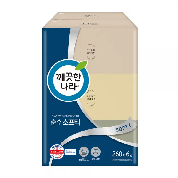 깨끗한나라 순수 소프티 천연펄프 미용티슈 2겹 260매, 6개입, 1팩