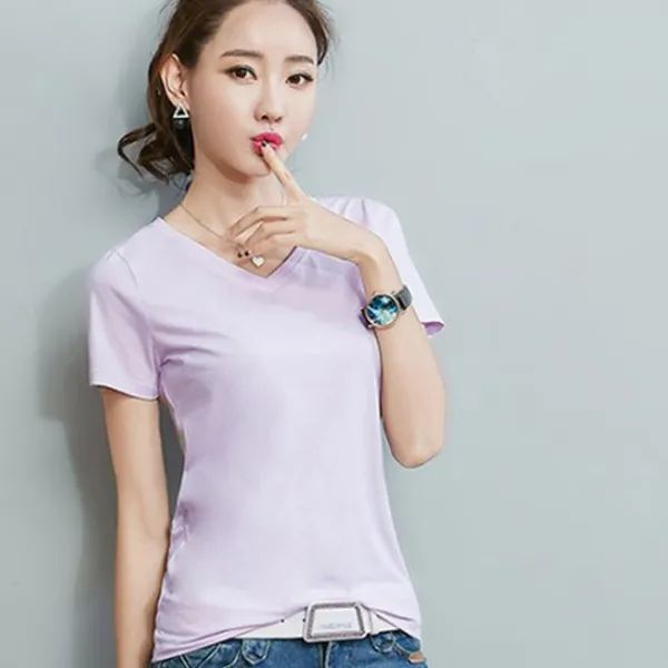 데일로엔 여성용 무지 브이넥 반팔 티셔츠 1413
