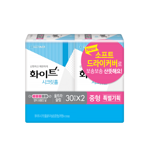 화이트 시크릿홀 중형 생리대 울트라 슬림 날개형, 30매입, 2개