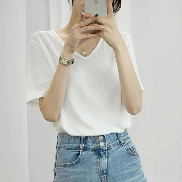 마이시즌 여성 메리드 브이넥 반팔 티셔츠