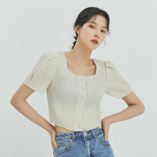 미쏘 조직감소재 크롭 블라우스