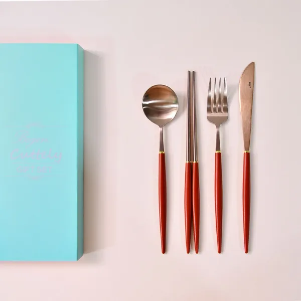 보겐 에펠 양식 1인 커트러리 선물세트, 로즈골드 + 와인, 디너스푼 + 젓가락 + 포크 + 나이프 + 선물박스