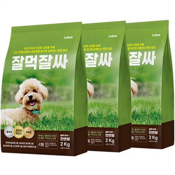 로반 잘먹잘싸 전연령 강아지 사료 기호성좋은, 연어, 2kg, 3개