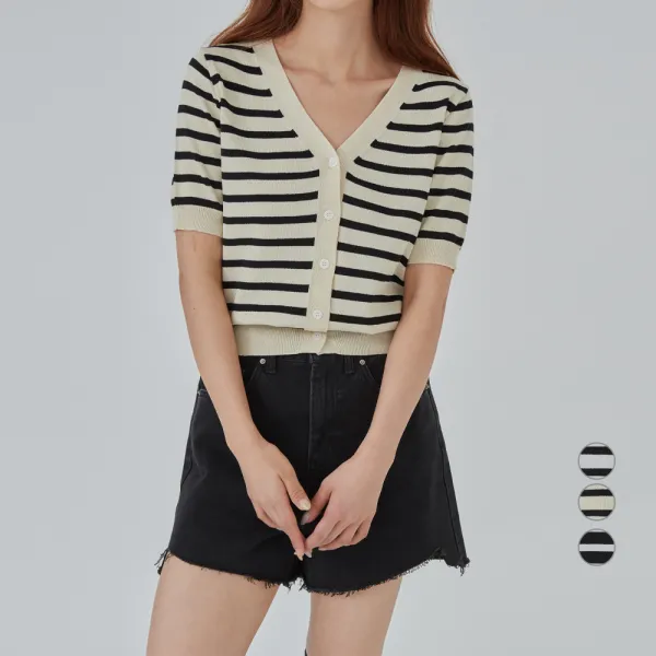 아피나르 브이넥 스트라이프 반팔 가디건