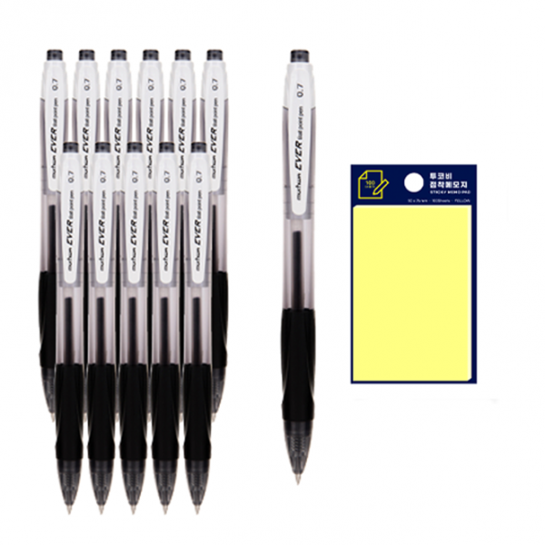 문화연필 에버펜 0.7mm 12p + 투코비 스티키 메모패드 세트, 검정(볼펜), 노랑(포스트인), 1세트