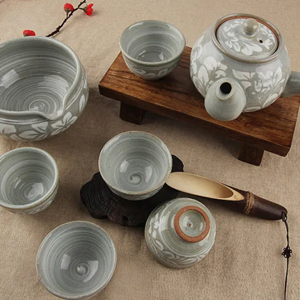 영남도기 당초문 5인 다기세트, 혼합색상, 다관 205mm X 105 mm + 숙우 140mm X 80mm + 잔 76mm X 50mm