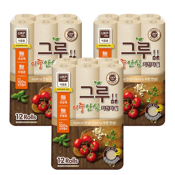 그루 이중안심 천연펄프 키친타올 120매, 12개입, 3팩