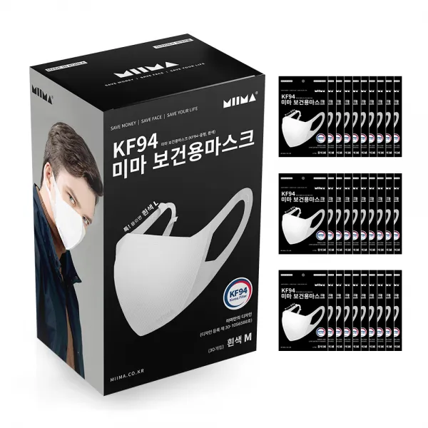 미마마스크 보건용 마스크 중형 KF94 흰색, 1개입, 30개