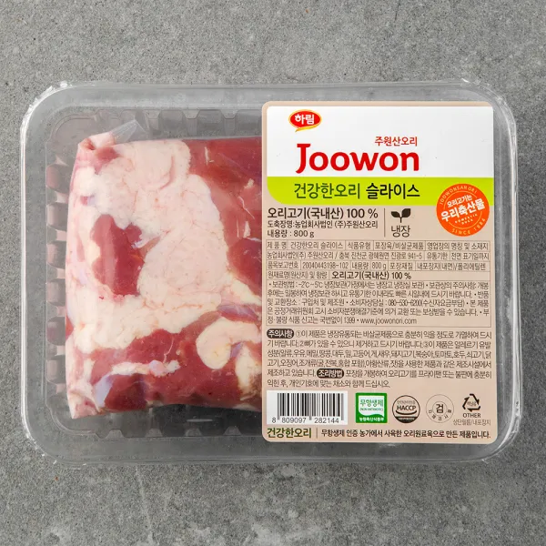 주원산오리 무항생제 인증 건강한오리 슬라이스 (냉장), 800g, 1개