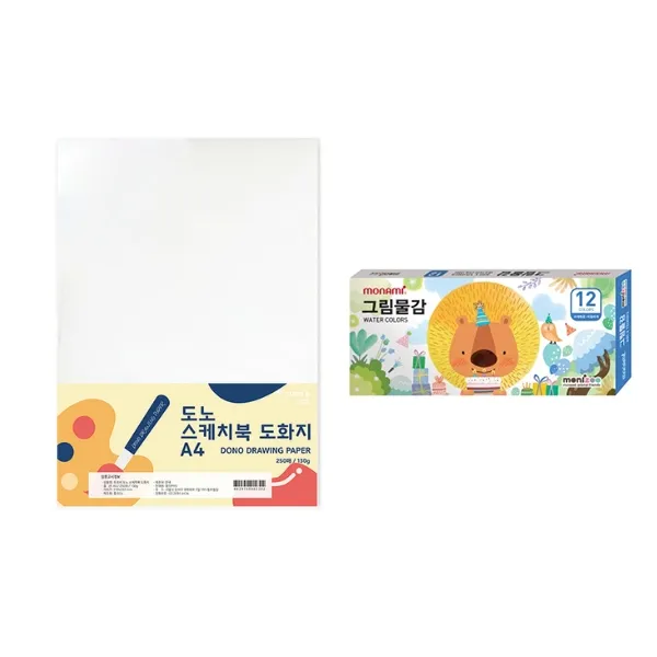 도노 스케치북 도화지 A4 130g 250매 + 모나미 모니주 수채물감 6ml 12색 문구세트 단일색상 도화지 남 수채물감 1세트