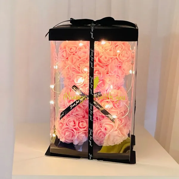 러블리팜 조화 로즈베어 스몰 + 전용 케이스 + LED 전구 + 레터링 시트지 + 리본 장식 세트, 핑크(로즈베어), 기념일(레터링시트지)