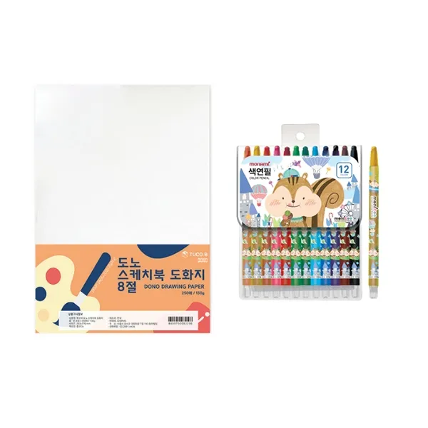 도노 스케치북 도화지 8절 130g 8절 250매 + 모나미 모니주 샤프식 색연필 12색 문구세트 단일색상 도화지 남 색연필 1세트