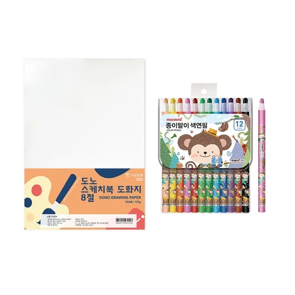 도노 스케치북 도화지 8절 130g 250매 + 모나미 모니주 종이말이 색연필 12색 문구세트 단일색상 도화지 남 색연필 1세트