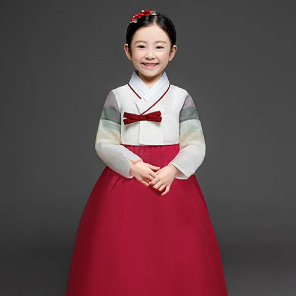 금동이 여빨강사색동 여아용 아동한복세트 AW161