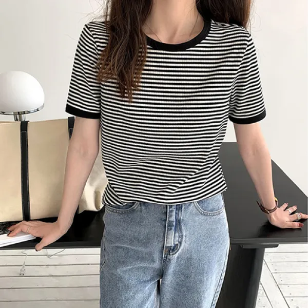 유니제이 여성용 드븐 라운드 스트라이프 반팔 티셔츠