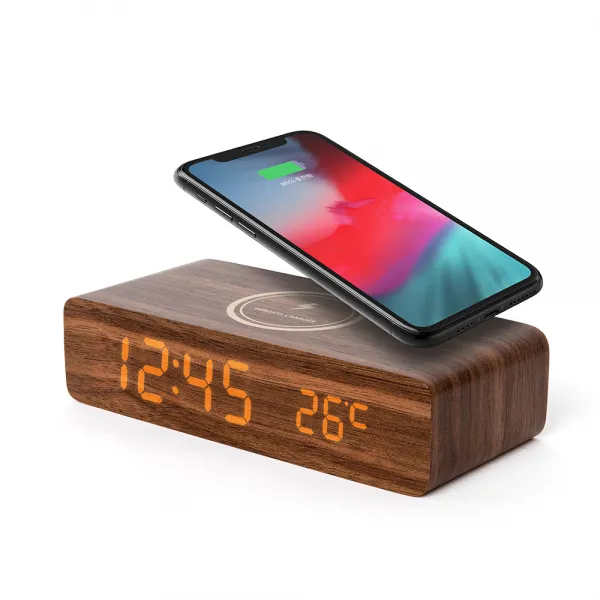 OWC 플랫 스퀘어 무선충전 디지털 탁상시계, 브라운