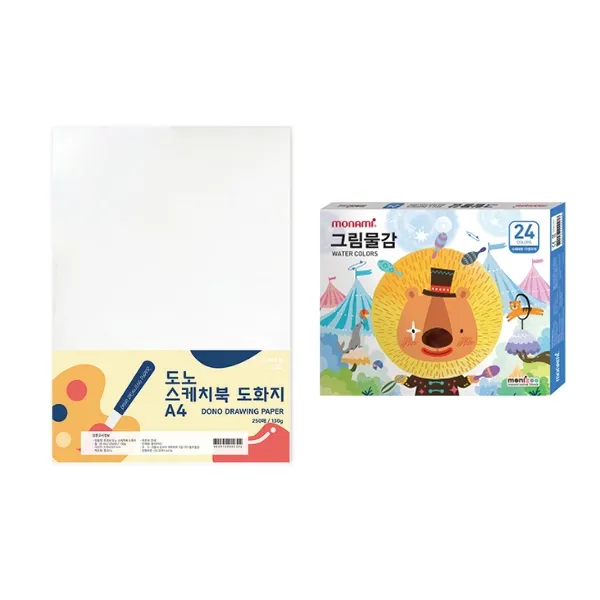 도노 스케치북 도화지 A4 130g 250매 + 모나미 모니주 수채물감 6ml 24색 문구세트 단일색상 도화지 남 수채물감 1세트