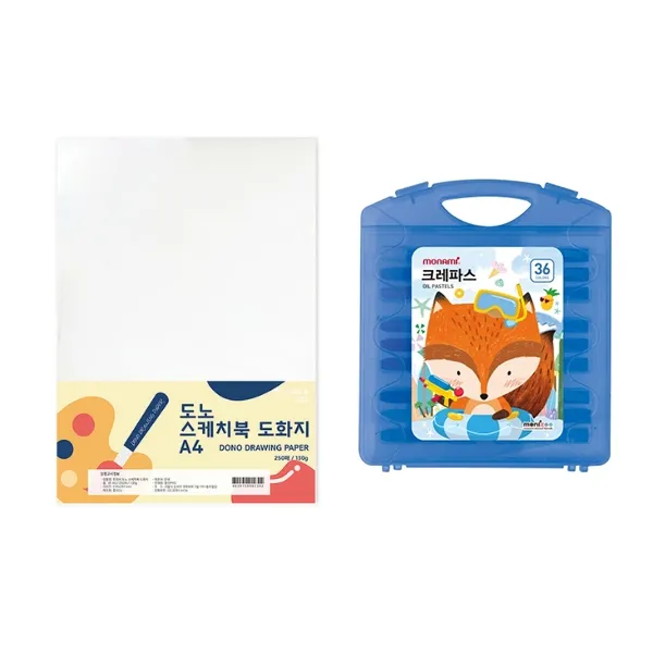 도노 스케치북 도화지 A4 130g 250매 + 모나미 모니주 가방파스 36색 문구세트 단일색상 도화지 남 크레파스 1세트