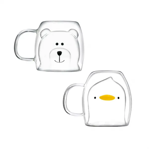 라임올리브 동물 내열 이중 머그컵 2종 세트, 곰, 오리, 1세트