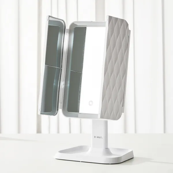 디하우트 3면 LED 트라이폴드 조명 확대 탁상거울, 화이트