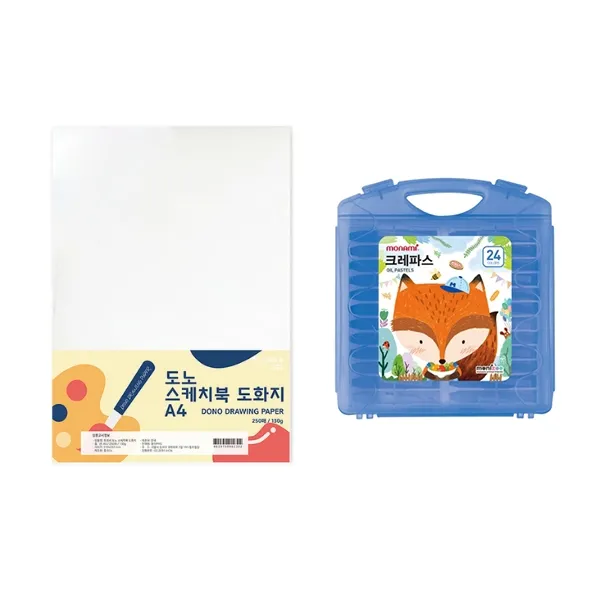 도노 스케치북 도화지 A4 130g 250매 + 모나미 모니주 가방파스 24색 문구세트 단일색상 도화지 남 크레파스 1세트