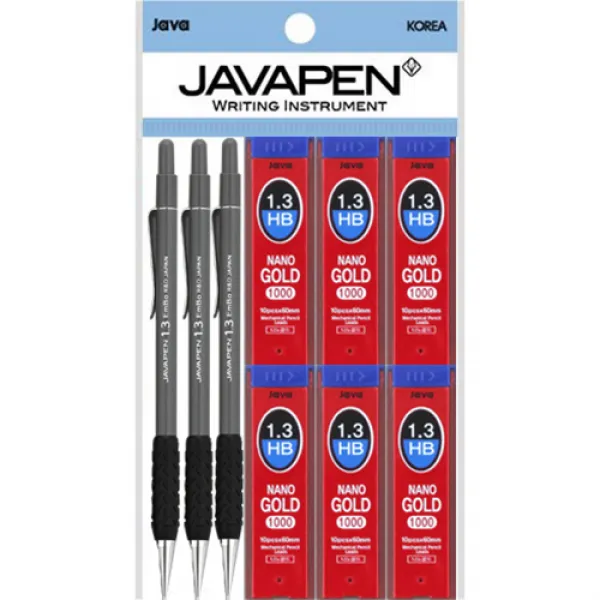 자바펜 엠보샤프 1.3mm 3p + 나노골드 샤프심 1.3mm Hb 6p 다크그레이 엠보샤프 1세트