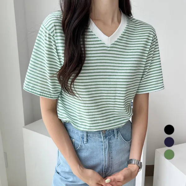 세컨그라운드 여성용 단가라 브이넥 반팔 티셔츠