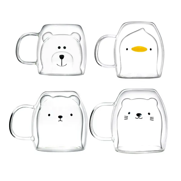 라임올리브 동물 내열 이중 머그컵 4종 세트, 곰, 무뚝뚝캣, 스마일캣, 오리, 1세트