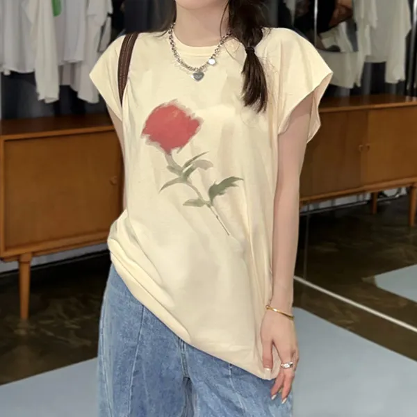 패션풀 여성용 수채화 캡소매 티셔츠 28528