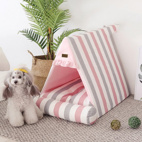 반려동물 코지 삼각 하우스 스트라이프 핑크