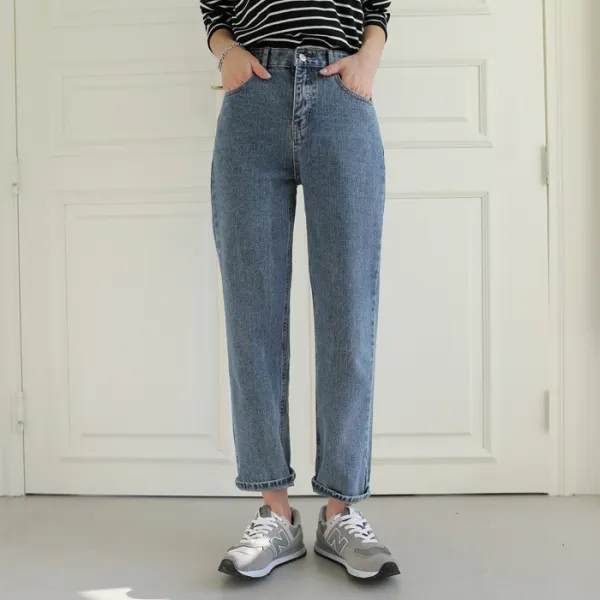 빼빼 여성용 뒷밴딩 반하이 테이퍼드핏 일자 데님팬츠