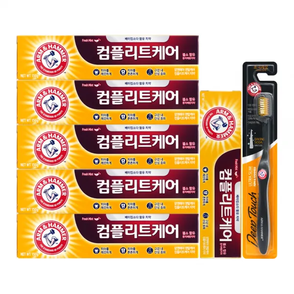 암앤해머 덴탈케어 컴플리트케어 베이킹소다 치약 150g x 5p + 100g + 딥터치 칫솔 랜덤발송, 1세트