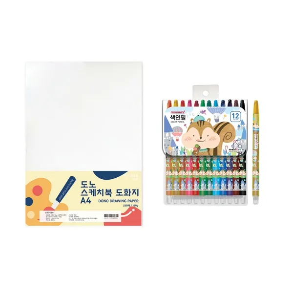 도노 스케치북 도화지 A4 130g 250매 + 모나미 모니주 샤프식 색연필 12색 문구세트 단일색상 도화지 남 색연필 1세트