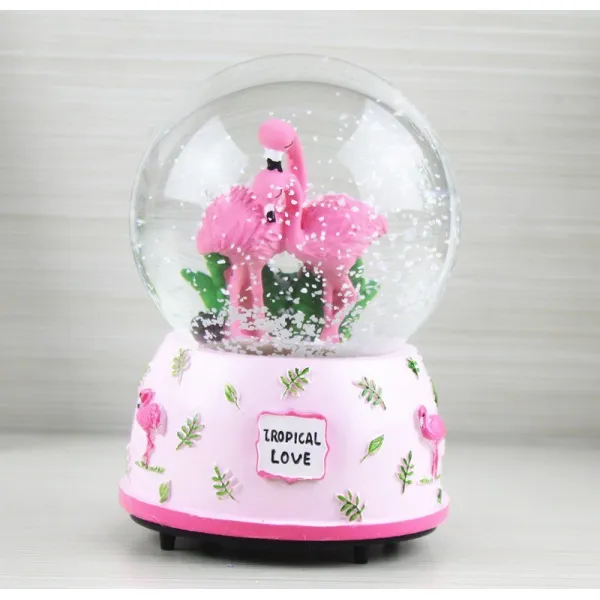수정 구슬 음악 상자 하늘 도시 눈송이 음악 상자 어린이 여자 생일 선물 유리 공 작은 장식을 보내 플라밍고 핑크 상호 의존성
