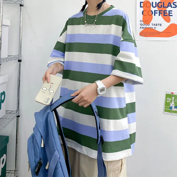 박시반팔티 줄무늬 블러킹 임 커브를 잘하다 T라운드넥 캐쥬얼 상의 남자 트렌드 2841504723