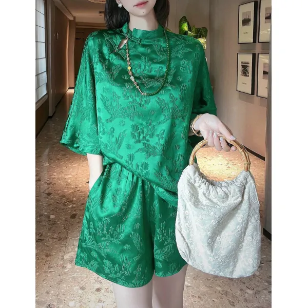 와이드 반바지 전문점 정말로 그렇다 고급 중국식 단추 루즈핏 상의 자카드 실크 여성 4969950207