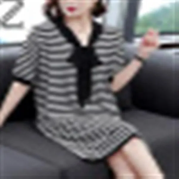 자족 시폰 블라우스 여성 여름철 2019 봄옷 빅 사이즈 여성복 반팔 스트라이프 배가리개 원피스 블랙 스트라이프 L