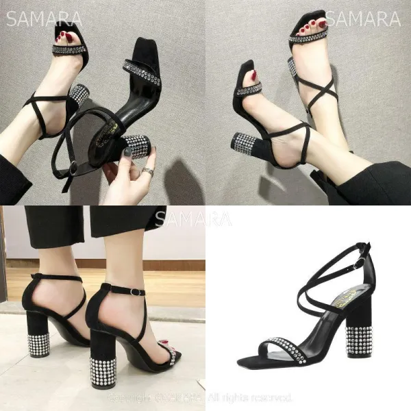 Qterra 특허브랜드 일자스트랩 여성 큐빅 샌들 하이힐 힐 하이힐샌들