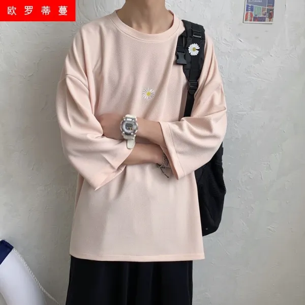 대판 정색 776 6 8부 소매 티 남성 반팔 축 단 우라늄 소소 백의 통통한 남자