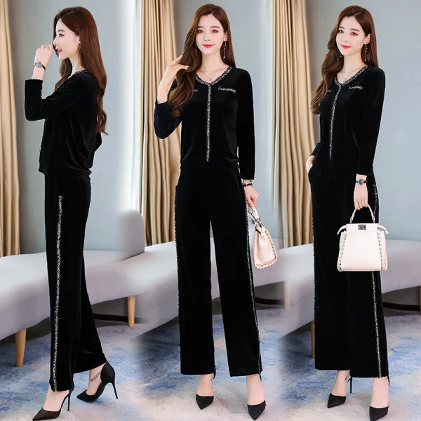 Okseller1 편안한 브이넥 긴팔상의x통바지 벨벳 세트 루즈핏 데일리