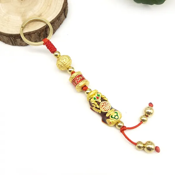 풍수선물 사금동고리 열쇠고리 남녀 DIY 핸드메이드 끈 편평하게, 1개, 감온 변색 貔貅스푼)+레드