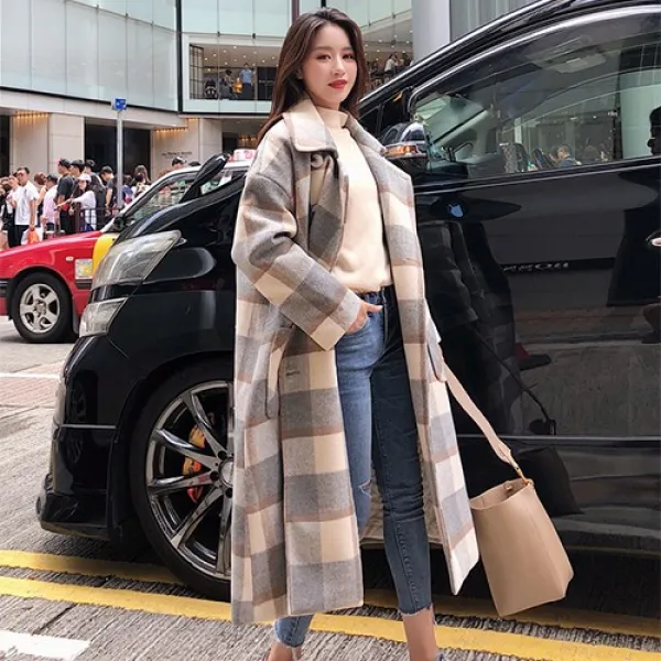 도니와 여성 체크무늬 울코트 롱코트 루즈핏 핸드메이드코트