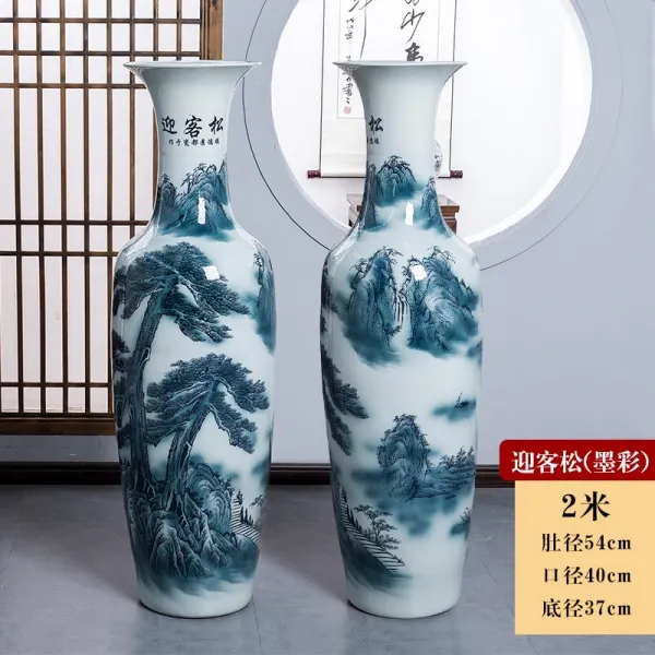 경덕진 도자기 착지 특대사이즈 꽃병 금수강산 청 자기무늬 거실 TV거실장 호텔 장식 진열 장식품, 2메터 스티커 화묵채 영객송 주문 제