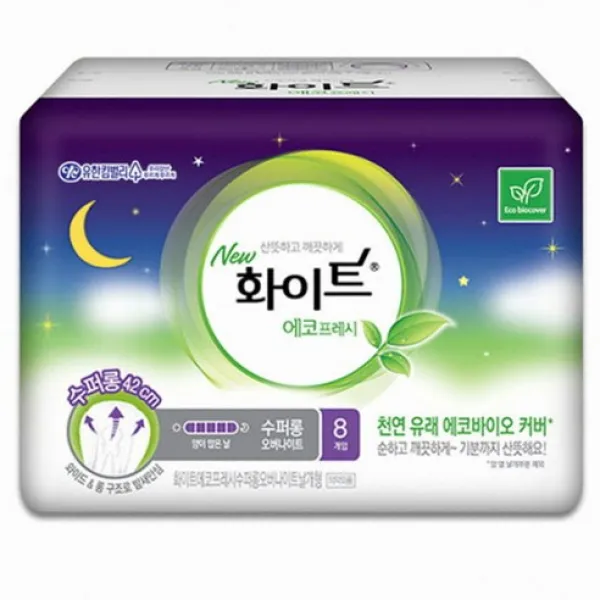 화이트 에코프레시 수퍼롱 오버나이트 생리대 날개형 8개입 1팩