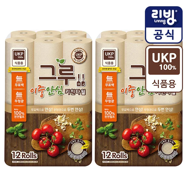 삼정펄프 [삼정펄프] 그루 안심무표백 키친타올 120매x12롤x2팩, 그루무표백 키친타올 120매x12롤x2팩